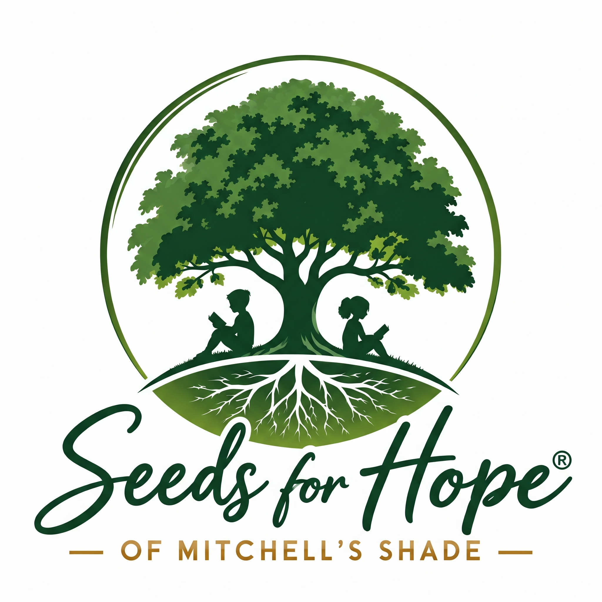 Seeds for Hope logo. Shade Tree with 2 people under the tree canopy.